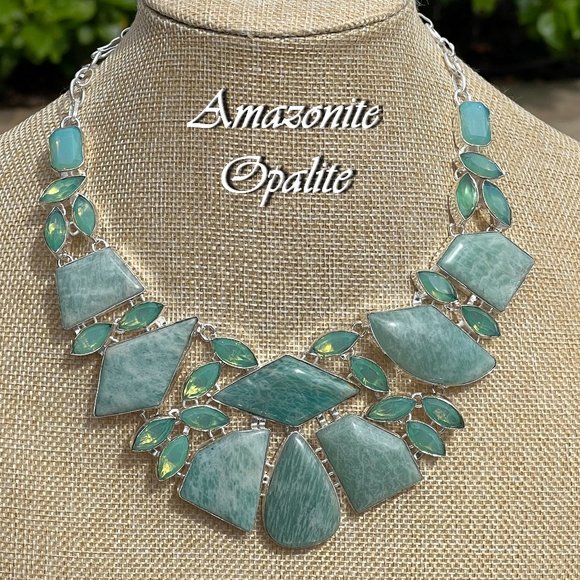 Awesome Amazonite Opalite Statement Necklace Handmade Large Gemstone 925 Silver - Picture 13 of 16